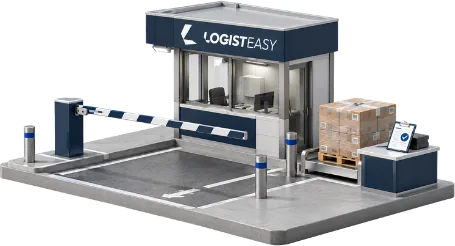 Poste de douane Logisteasy : barrière, déclarant et marchandise palettisée